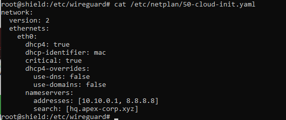 Netplan config and DNS resolution showing 10.10.0.1 as the DNS server working for hq.apex-corp.xyz